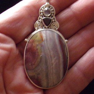Sajen Offerings SS Mexican Crazy Lace Agate, Moon Stone & Garnet Pendant